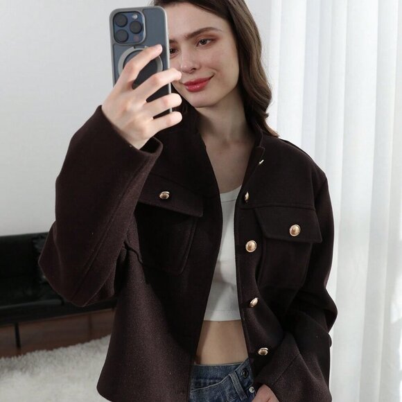 Brown Casual Women's Pockets detailed Single button Jacket - Picture 6 of 11